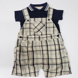 FAO SCHWARZ  BOYS 2 PIECE PLAID OVERALL SHORT SET